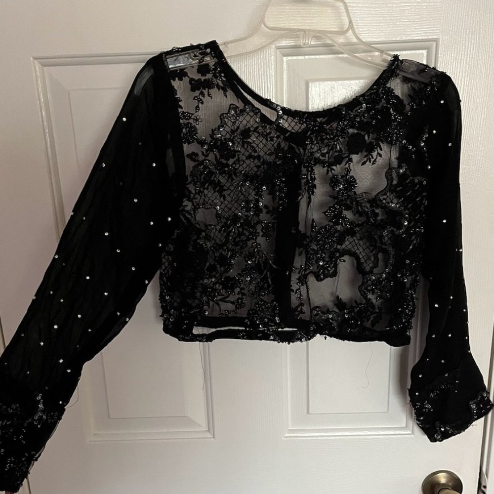 Navy button up sheer/mesh embroidered top